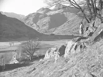 Frau steht auf Felsen unter Baum und blickt auf Langdale Fells
