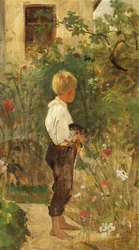 Knabe mit Katze im Garten