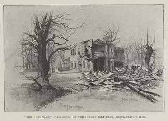 Das Hermitage, Clubhaus des Surrey Golf Clubs, durch Feuer zerstört