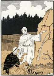 Die Legende der Heiligen Odile (Odile von Hohenburg, ca. 662- ca. 720) zieht eine Quelle aus dem Felsen - Illustration von Joseph Kuhn Regnier (Kuhn-Regnier) (1873-1940) für „Legenden und Märchen des Elsass“, ed. Fernand Nathan Anfang 20. Jahrhundert - Mon