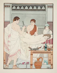 Gynäkologische Untersuchung, Illustration aus „Die Werke des Hippokrates“, 1934