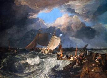 Calais Pier mit französischen Poissards, die sich auf das Meer vorbereiten: ein englisches Paketboot kommt an, 1803