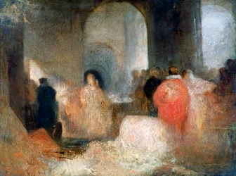 Abendessen in einem großen Raum mit Figuren in Kostümen, ca. 1830-1835