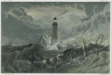Eddystone-Leuchtturm, gebaut auf dem Eddystone-Felsen von dem englischen Bauingenieur John Smeaton von 1757-1759. Chromolithographie nach einem Gemälde von JMW Turner