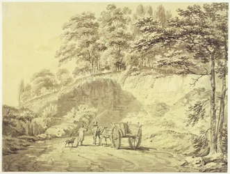 Mann mit Pferd und Wagen, der in einen Steinbruch fährt, ca. 1797
