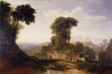 Ansicht des Tempels des Jupiter Panellenius auf der Insel Ägina mit dem griechischen Nationaltanz der Romaika: die Akropolis von Athen in der Ferne
