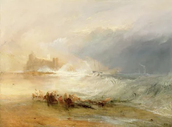 Strandräuber - Küste von Northumberland, mit einem Dampfschiff, das einem vor der Küste liegenden Schiff Hilfe leistet, 1834