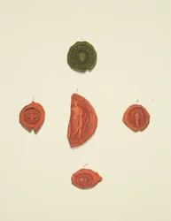Fünf Siegel von Robert Atwaller, unbekanntes Siegel, Margaret Mewyrk, Priorin von St. Mary Magdalen und John Vrell