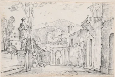 Eine römische Straße mit Monte Cavo in der Ferne