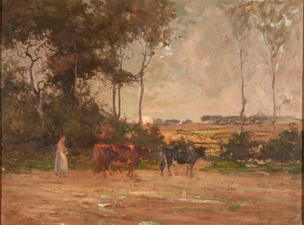 Viehtrieb bei Sonnenuntergang