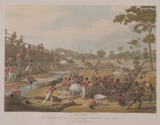 Rangoon: Der Sturm auf eine der Hauptverschanzungen am 8. Juli 1824, Tafel 15 aus 