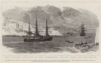 HMS Sultan, eskortiert von der Temeraire, verlässt Malta nach Portsmouth