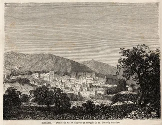 Ansicht von Bethlehem, Zeichnung von Joseph Navlet (1821-1889), zur Illustration von Mr. Bidas Reise nach Palästina im Jahr 1856. Gravur in „Le tour du monde, nouveau journal des voyages“ Paris