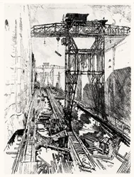 Krane an der Miraflores-Schleuse, Platte XXII aus Der Panamakanal von Joseph Pennell, 1912