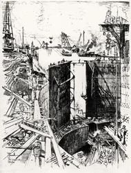 Das Schleusentor in Gatun, Tafel V aus Der Panamakanal von Joseph Pennell, 1912