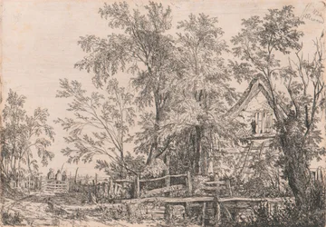 Verfallenes Häuschen in Landschaft mit Figuren