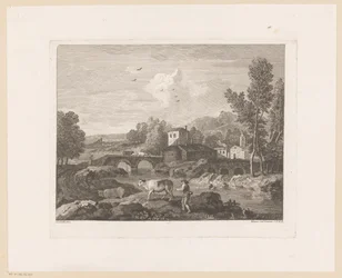 Flusslandschaft mit Hirte und Kühen auf der Brücke