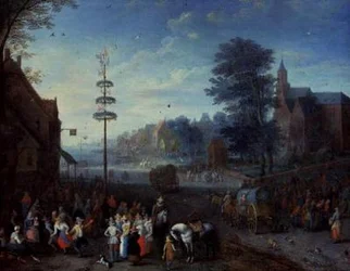 Dorffest mit Dorfbewohnern, die um einen Maibaum tanzen, und Reisenden auf einer Straße