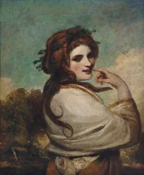 Porträt von Emma, Lady Hamilton, als Bacchantin, Halbfigur, in einem gelben Kleid und einem weißen Schal, in einer Landschaft
