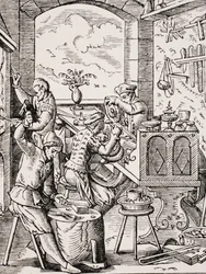 Goldschmied, Reproduktion eines Holzschnitts aus dem 16. Jahrhundert von Jost Amman