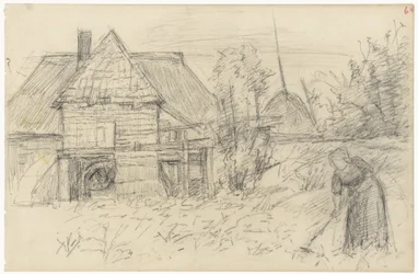 Wassermühle mit harkender Frau
