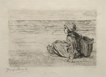 Mädchen mit Korb am Ufer sitzend
