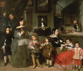 Die Familie des Künstlers, links die vier Kinder aus der ersten Ehe des Künstlers mit der Tochter von Diego Velázquez, Gaspar, Melchior, Baltasar und Maria Teresa; rechts seine zweite Frau Francisc
