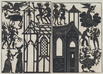 Blatt 5 mit Figuren für chinesische Schattenspiele, 1859.