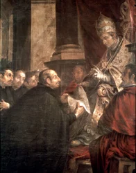 Der heilige Ignatius empfängt von Papst Paul III. die päpstliche Bulle zur Gründung der Gesellschaft Jesu (Jesuiten)