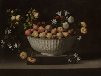 Blumen und Früchte in einer chinesischen Schale