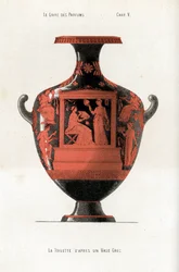 Griechische Vase, die eine Frau bei ihrer Toilette zeigt, die eine Schachtel mit Kosmetika und Parfums hält, unterstützt von einer Sklavin, die einen Fächer schwenkt