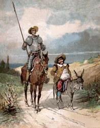 Don Quijote und Sancho Panza, Illustration des Buches von Miguel de Cervantes "Histoire de Don Quichotte", Gravur nach Jules David