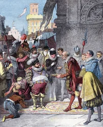 Sancho Panza als Gouverneur der Insel Barataria ernannt, Illustration aus dem Buch von Miguel de Cervantes "Histoire de Don Quichotte", Gravur nach Jules David