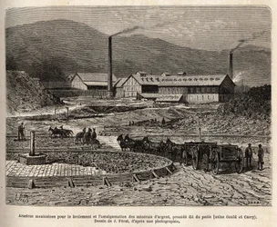 Mexikanische Arrastras (von den Füßen der Maultiere festgestampfte Fläche, wie beim Austreten des Getreides) zum Mahlen und Amalgamieren von Silbererzen (Fabriken Gould und Curry) in der Umgebung von Virginia City (Nevada), Stich nach einer Zeichnung von