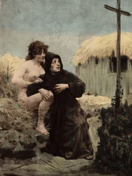 Ein Einsiedler von Thebaide und eine Frau vor einem Kreuz. Illustration von Jules Garnier. In "Rabelais et l