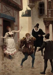Ein Mann rennt weg, nachdem seine Frau sein Wort gefunden hat. An seiner Seite der Arzt und der Chirurg, die seine Frau operiert haben. Pantagruel. Illustration von Jules Garnier. Rabelais und das Werk von Jules Garnier