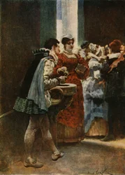 Am Eingang einer Kirche gibt Panurge einer Frau Weihwasser. Illustration von Jules Garnier. In "Rabelais et l