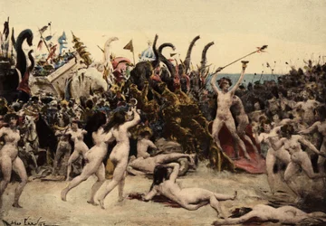 Bacchus (Dionysos, Bacco) und seine Armee greifen die indische Armee an