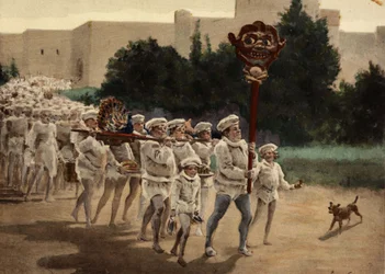 Gastrolater schreiten mit ihren Gaben zu ihrem Gott Gaster. An der Spitze des Zuges ein Mann mit einer Holzstatue namens Manduce auf einem Stock. Pantagruel. Illustration von Jules Garnier. In „Rabelais et l