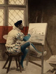 Mann sitzt vor seiner Leinwand. Illustration von Jules Garnier. In "Rabelais et l