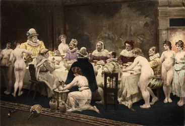 Pantagruel, Panurge, Frere Jean und Epistemon beim Abendessen, organisiert von Homenas, Bischof der Papimanes, Bewohner der Insel Papimania. Illustration von Jules Garnier. In "Rabelais et l