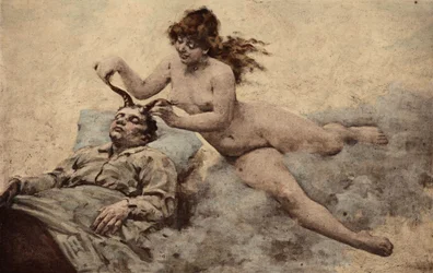 Panurges Traum: Eine Frau kommt, um ihm zwei Hörner aufzusetzen. Pantagruel. Illustration von Jules Garnier. In „Rabelais et l