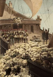 Die Schafe von Panurge: auf dem Boot von Dindenaut werfen sich Schafe und Händler ins Meer. Illustration von Jules Garnier. In "Rabelais et l