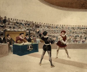 Das Duell zwischen Panurge (Rücken) und dem Engländer Thaumaste. Pantagruel. Illustration von Jules Garnier. In „Rabelais et l