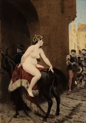 Die Frau des Kaisers von Mailand, Friedrich Barbarossa, wird von den Mailändern aus der Stadt gejagt. Sie reitet auf dem Thacor-Maultier. Illustration von Jules Garnier. In "Rabelais et l