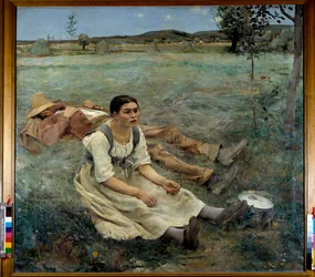 Heu. Eine Frau sitzt während der Erntezeit im Gras neben einem schlafenden Mann. Jules Bastien-Lepage (1848-1884), 1877. Maße: 1,80 x 1,95 m