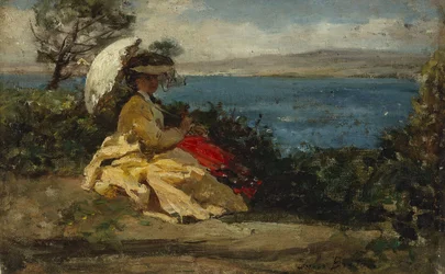 Frau mit Sonnenschirm, Douarnenez-Bucht, zwischen 1870 und 1875