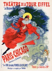 Kunst. Unterhaltung. Paris Chicago, Varietéshow im Théâtre de la Tour Eiffel. Plakat von Jules Chéret, Frankreich, ca. 1890 (Plakat)