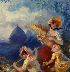 La Terre Allegorie, die junge Frauen darstellt, die Weizenbündel vor einem Erntehintergrund halten. Detail. Karton für Wandteppich von Jules Cheret (1836-1932) 20. Jahrhundert Nizza, Musée Cheret