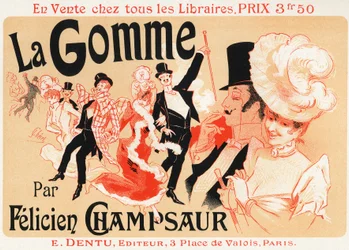 Bal in Paris. Plakat von Jules Cheret für das Stück: La Gomme, von Felicien Champsaur, um 1889